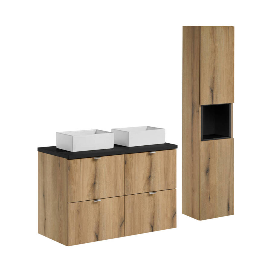 Zestaw łazienkowy 100 cm dąb czarny blat umywalki nablatowe + słupek