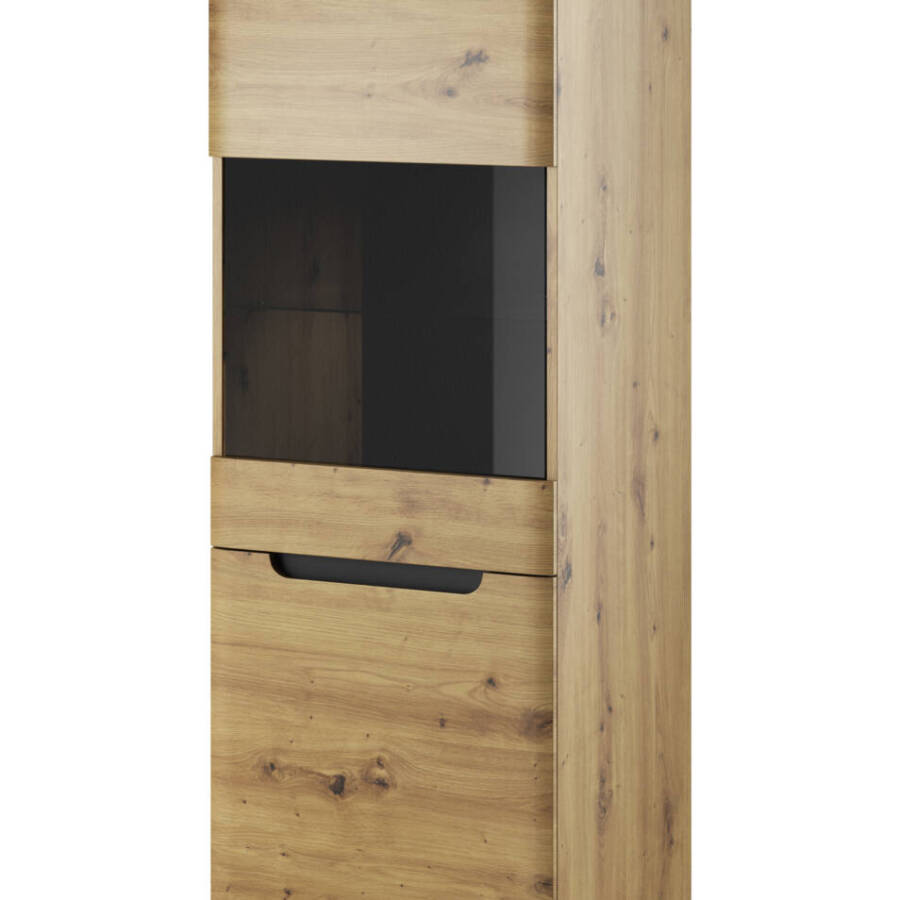 Witryna dąb artisan 197 cm z przeszklonym frontem i półkami, oświetlenie LED