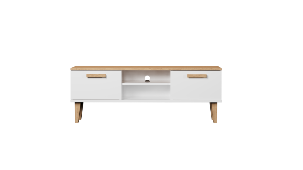 szafka rtv 120 cm biała z dębowym blatem
