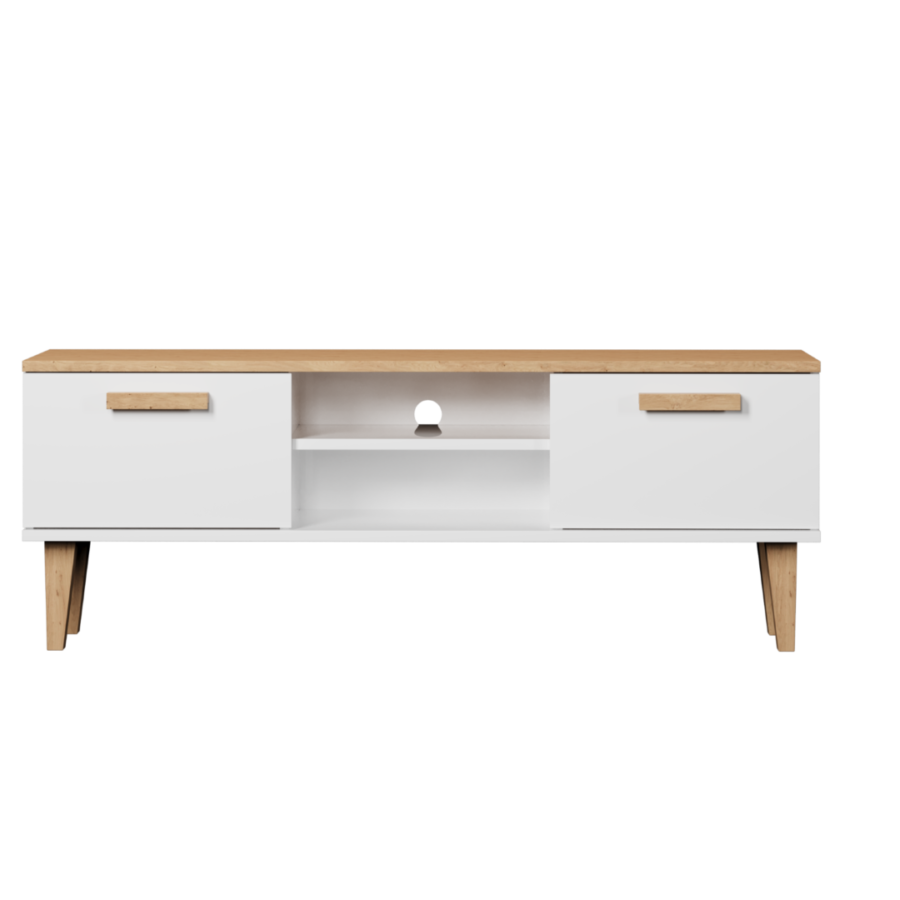Szafka RTV 120 cm biała z dębowym blatem nowoczesna na nóżkach