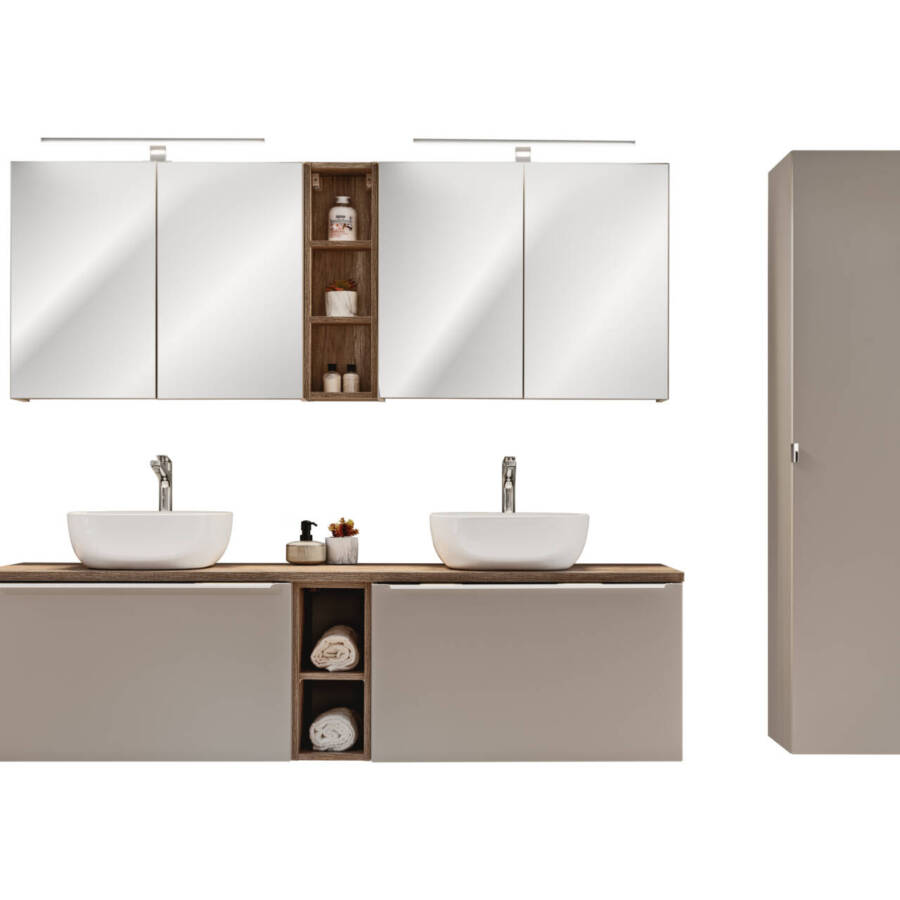 Zestaw mebli łazienkowych 180 cm 2 umywalki lustro LED szary dąb nowoczesny