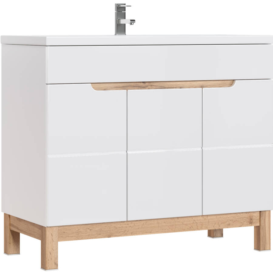 Szafka łazienkowa 100 cm biała połysk dąb 3 drzwi pod umywalkę