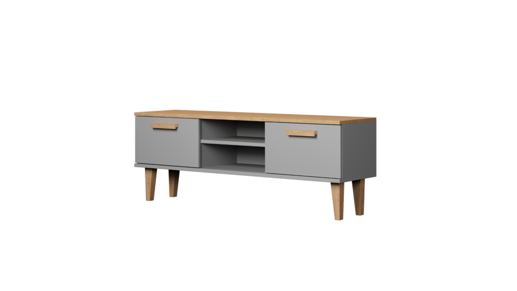 szafka rtv 120 cm szara z dębowym blatem wnętrze
