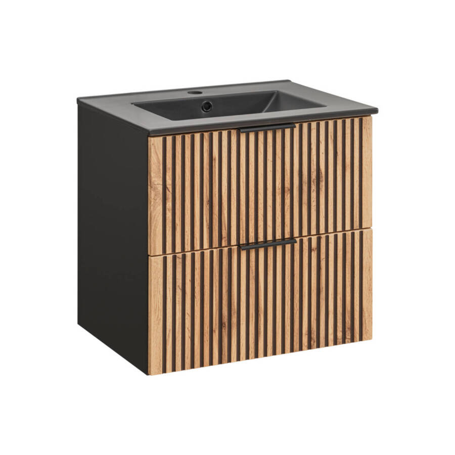 Szafka łazienkowa 60 cm z czarną umywalką i syfonem klik-klak