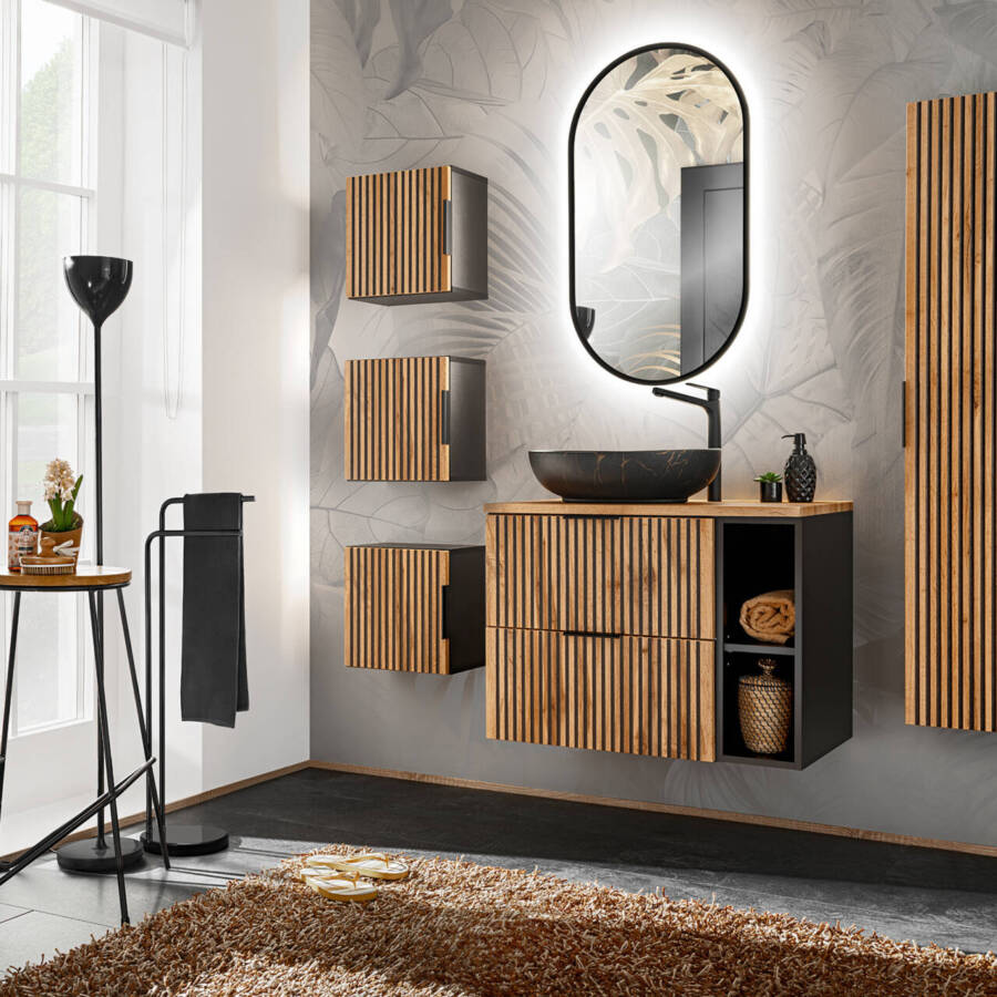 Nowoczesny zestaw mebli łazienkowych Xilo dąb wotan czarny 80 cm LED