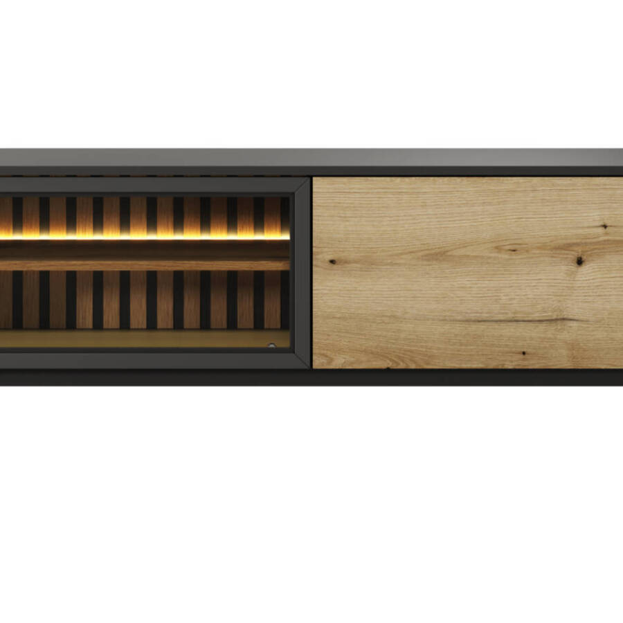 Szafka RTV dąb evoke/czarny z lamelami i oświetleniem LED, 150 cm