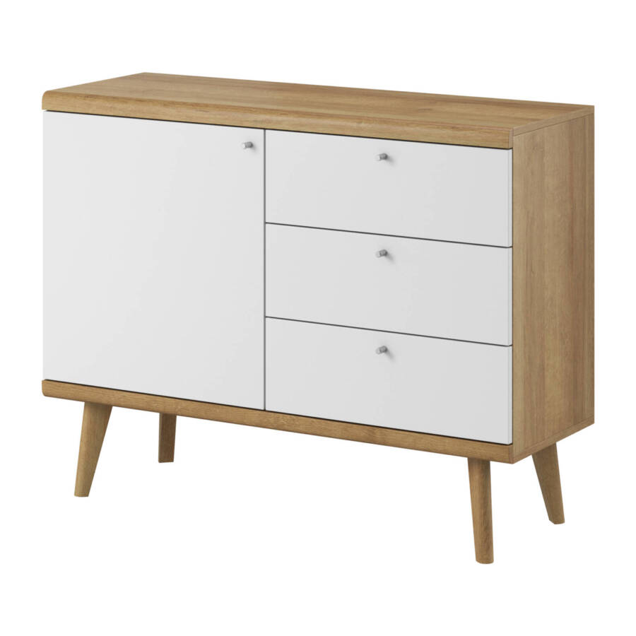 Komoda do salonu 107 cm, biały mat/dąb riviera, nowoczesna