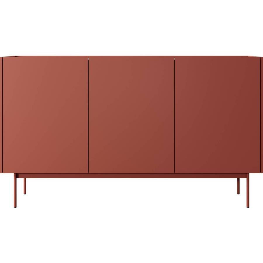 Komoda czerwona-dąb 144 cm - nowoczesna, 3 drzwi, płyta laminowana