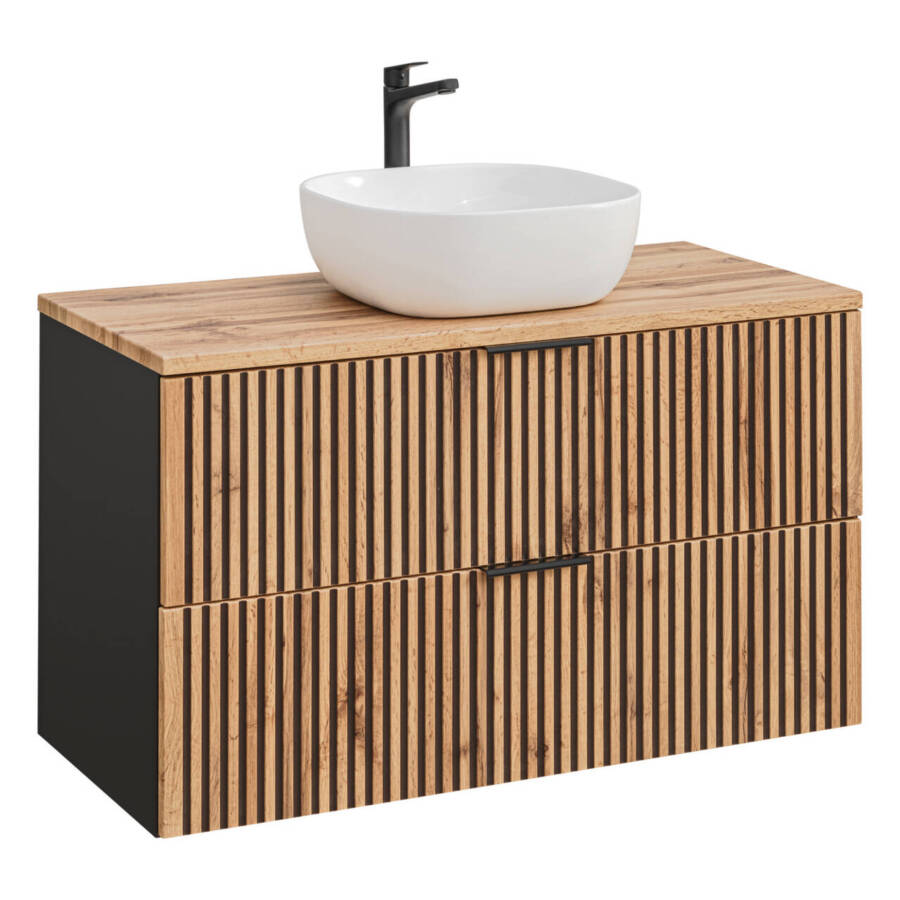 Szafka łazienkowa 100cm z umywalką nablatową lamele dąb wotan