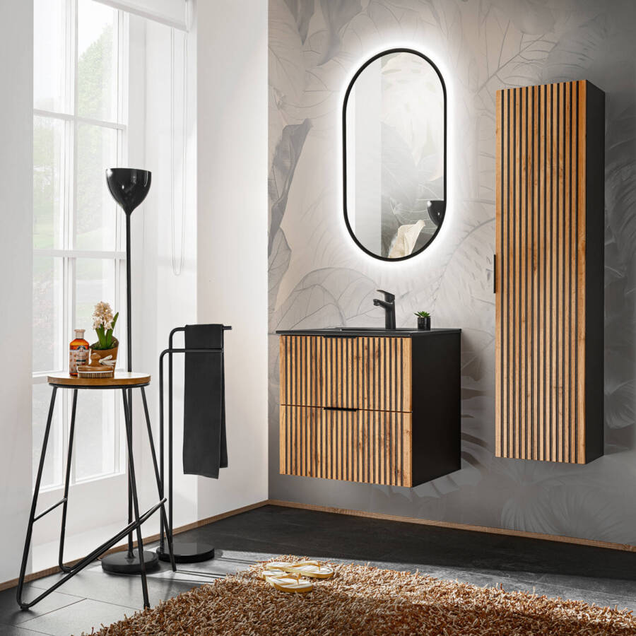 Nowoczesna zabudowa łazienkowa 60 cm czarna z umywalką LED dąb wotan