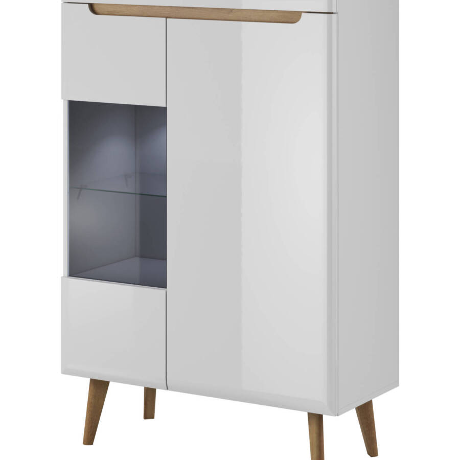 Witryna biała połysk matowa płyta laminowana, nowoczesna z oświetleniem LED 90x40x134 cm