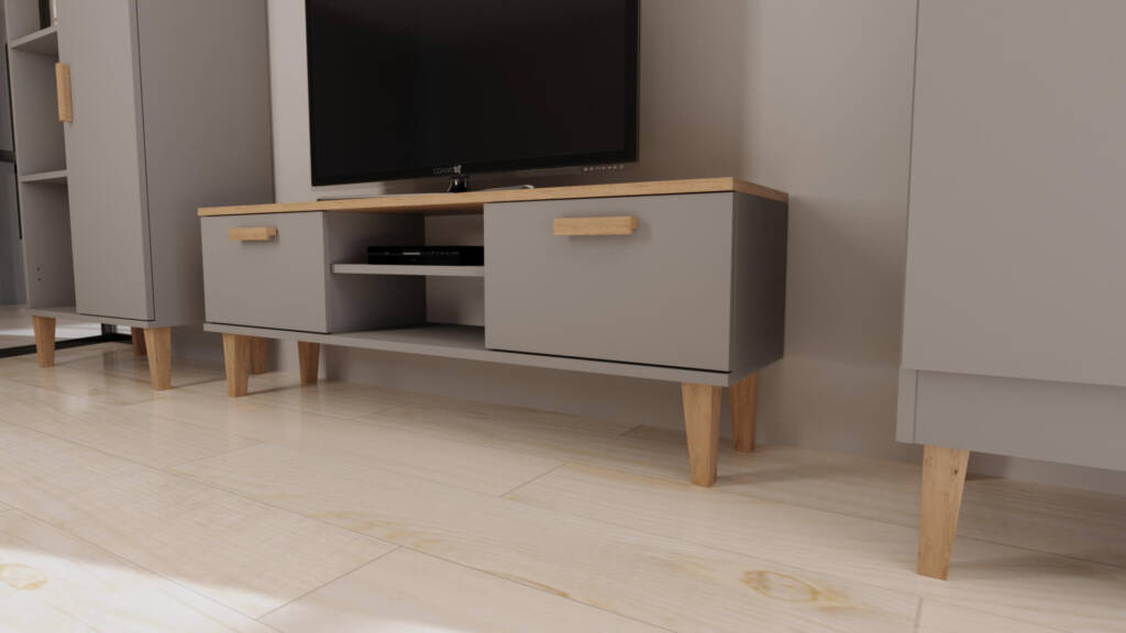 szafka rtv 120 cm szara z dębowym blatem na nóżkach
