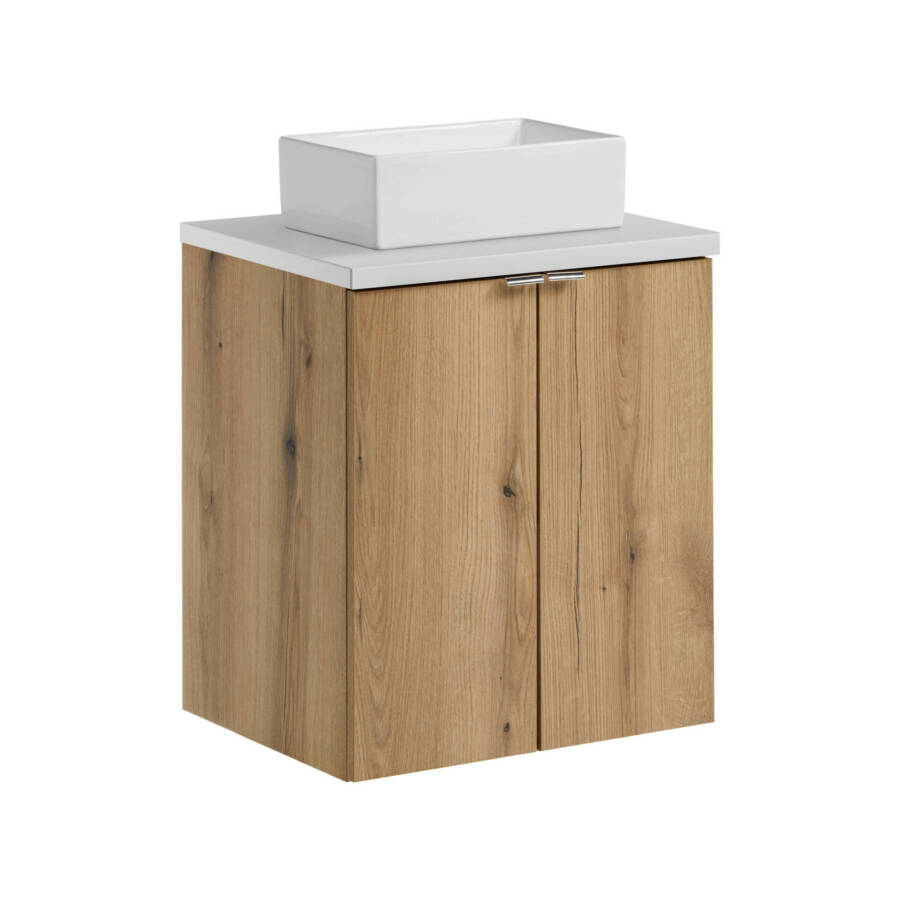 Szafka łazienkowa 50 cm dąb z białym blatem i umywalką nablatową