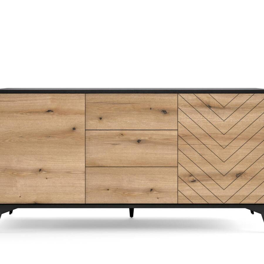 Nowoczesna Duża Komoda 154 cm, 3 szuflady 2 drzwi, dąb evoke, czarny korpus