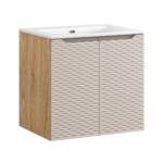 Szafka łazienkowa 60 cm z umywalką ceramiczną 61 cm – dąb + frez beż