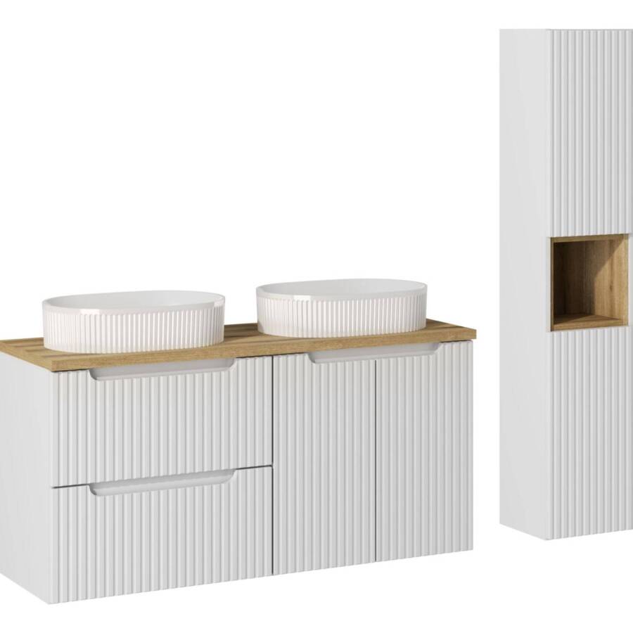 Nowoczesny zestaw łazienkowy 120 cm biały mat z dwiema umywalkami i słupkiem