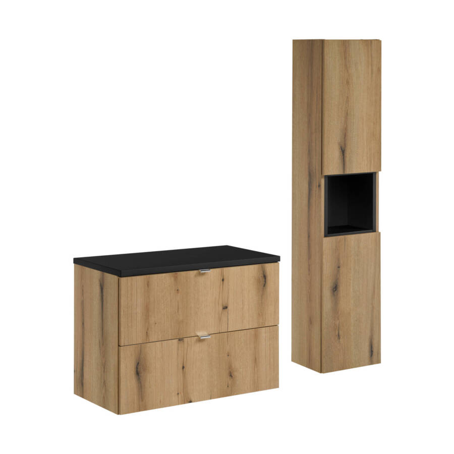 Nowoczesny zestaw mebli łazienkowych 80 cm dąb + czarny blat + słupek