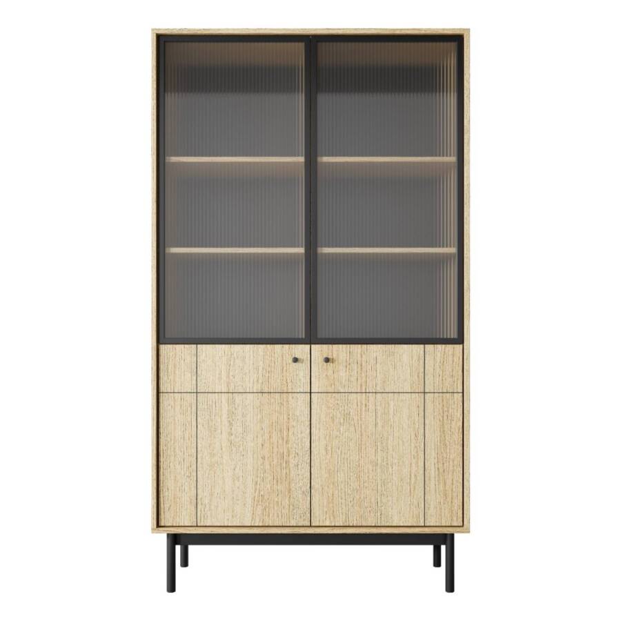 Witryna dąb linea z czarnymi nóżkami, wysoka szafka, przeszklone drzwi