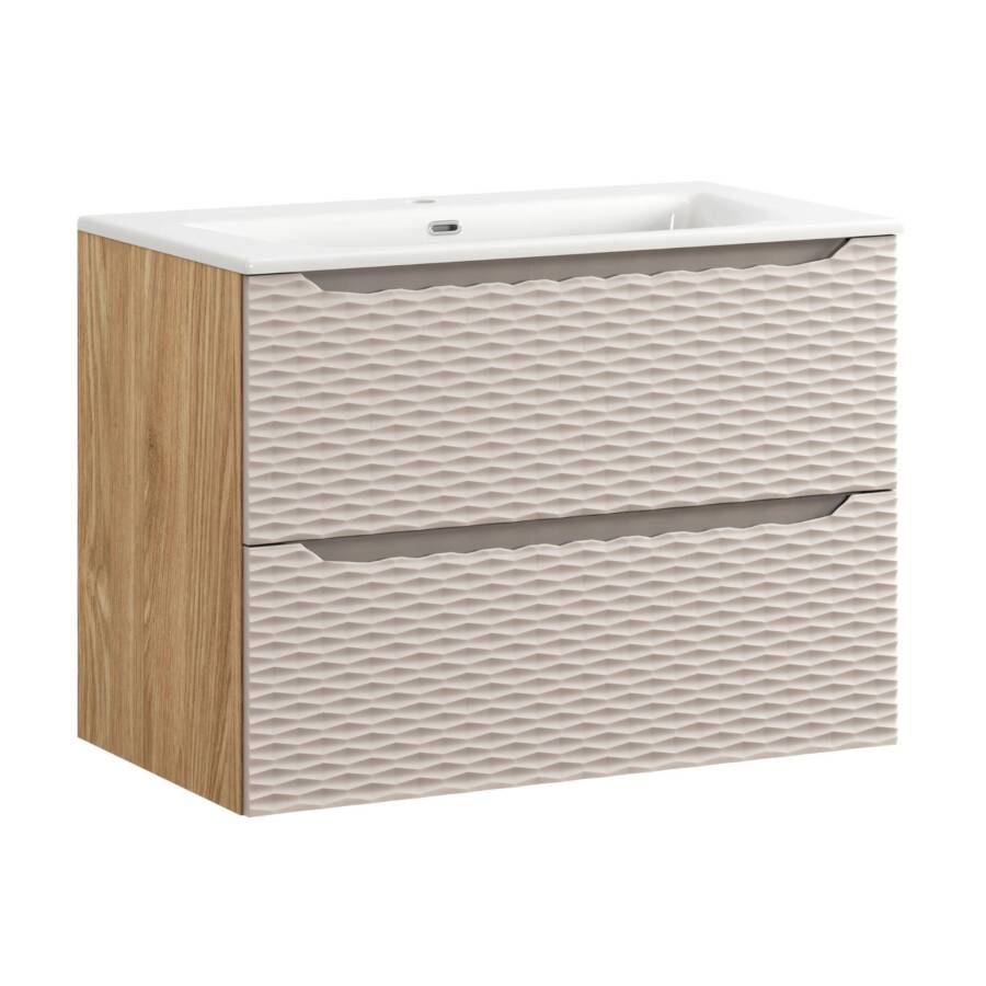 Szafka łazienkowa 80 cm z umywalką ceramiczną 81 cm – dąb + frez beż