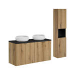 Zestaw mebli łazienkowych 120 cm dąb z czarnym blatem i słupkiem