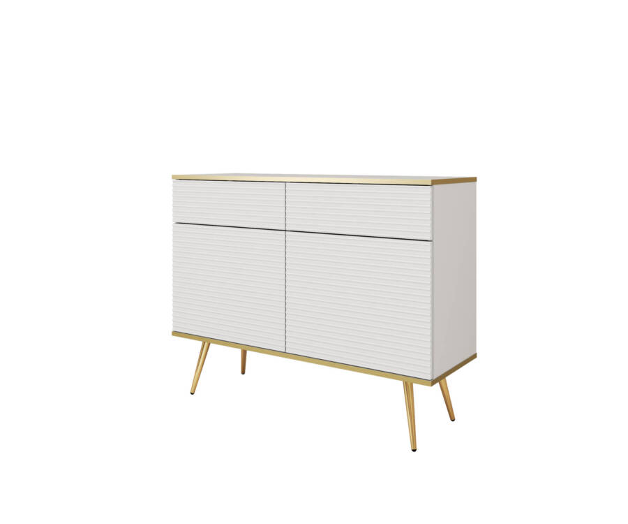 Komoda ryflowana MDF 107 cm biała złote nogi nowoczesna elegancja 1