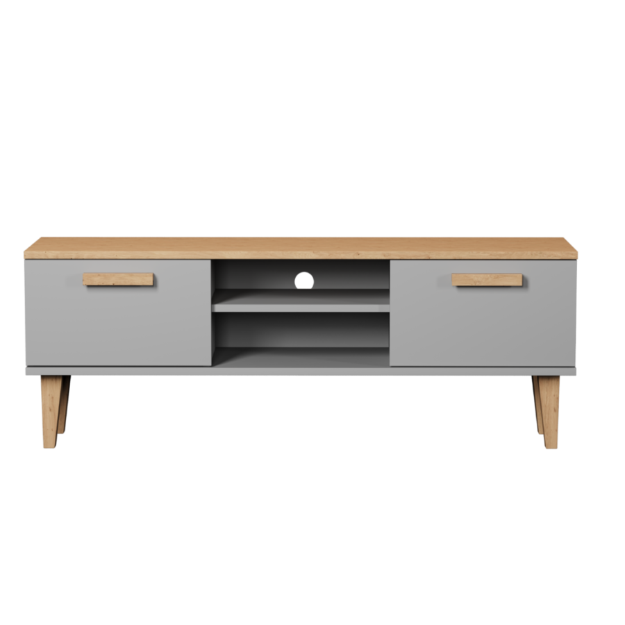 Szafka RTV 120 cm szara z dębowym blatem nowoczesna na nóżkach