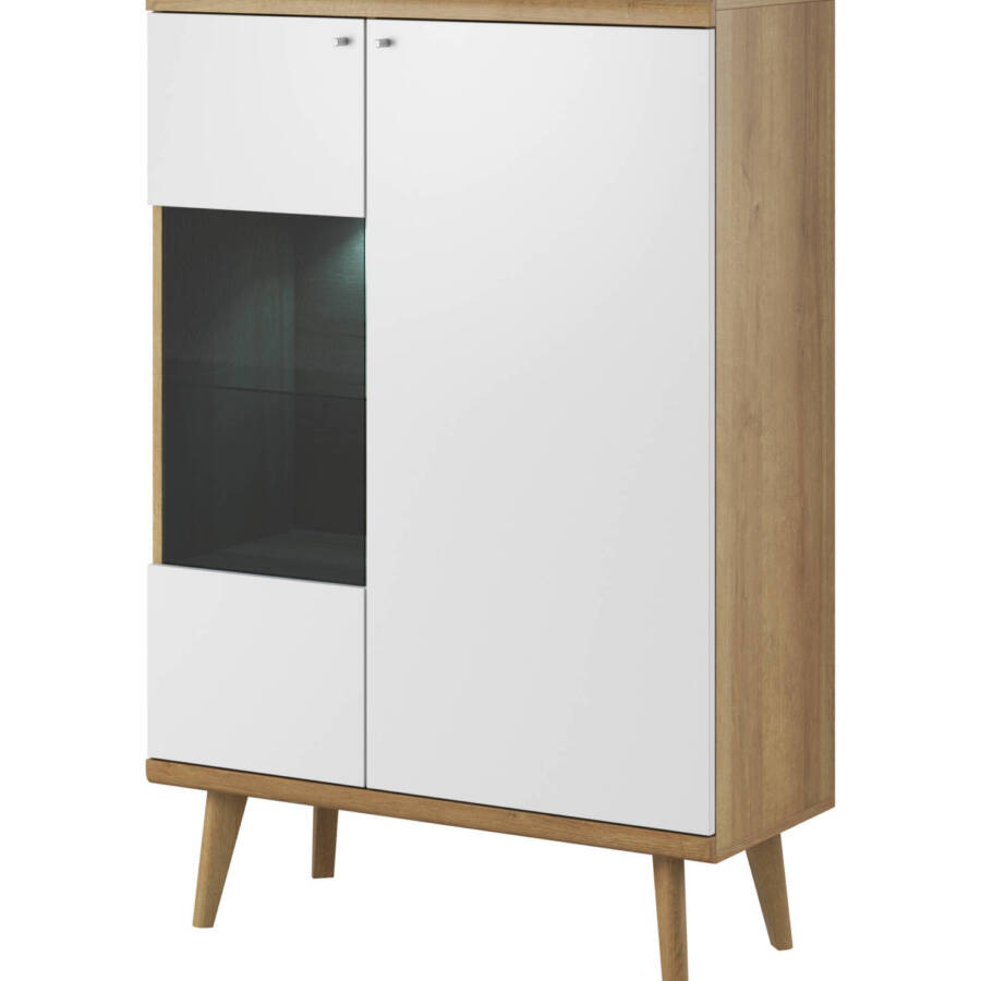 Elegancka witryna 134x90x40 cm biały mat/dąb riviera