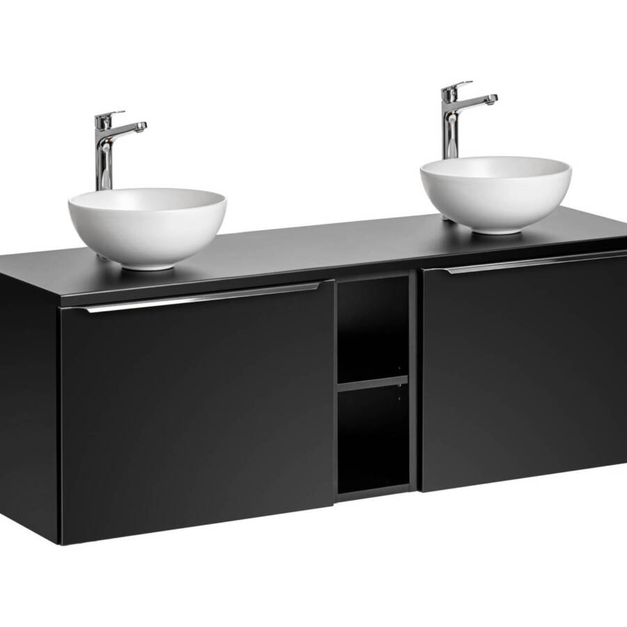 Zestaw szafek 140 cm czarny mat z blatem i 2x umywalką Ø32 cm