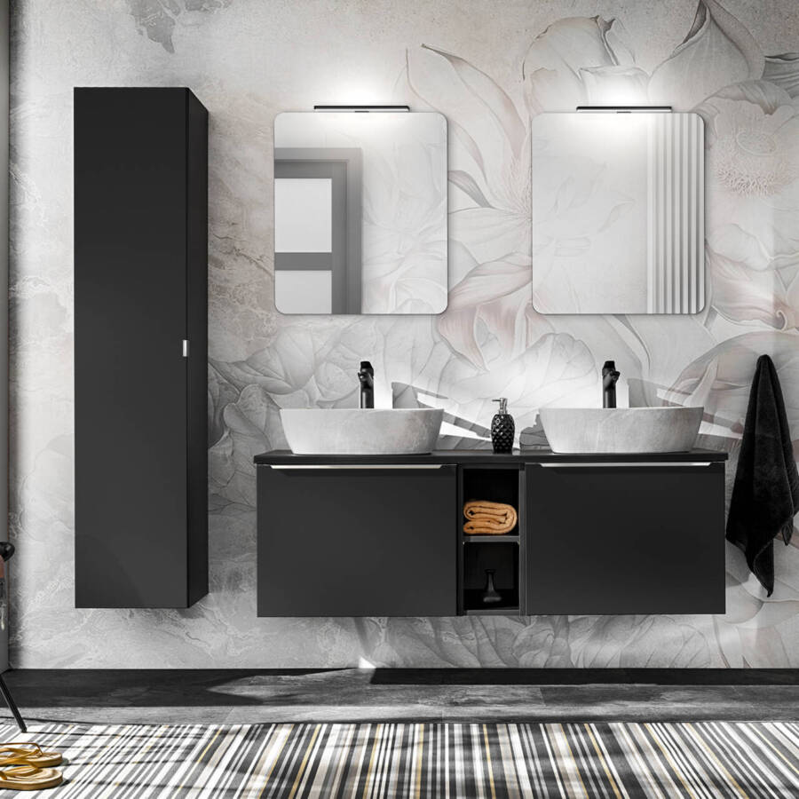 Zestaw łazienkowy 180 cm czarny z 2 umywalkami, słupkiem, lustrami i LED