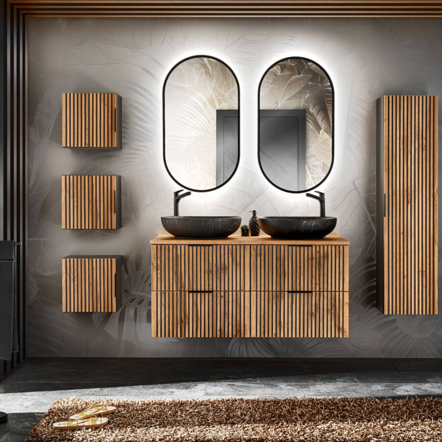 Nowoczesny zestaw mebli łazienkowych lamele dąb wotan szafka 120 cm LED