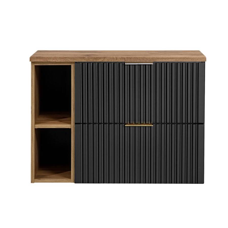 Szafka łazienkowa 80 cm z blatem dąb wotan czarny mat frezowany