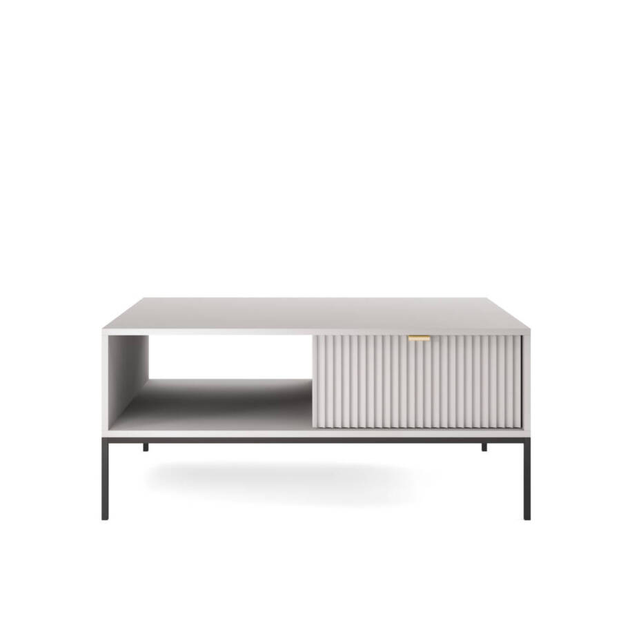 Nowoczesny szary stolik kawowy z czarnym stelażem 104x68x46 cm z półką i szafką