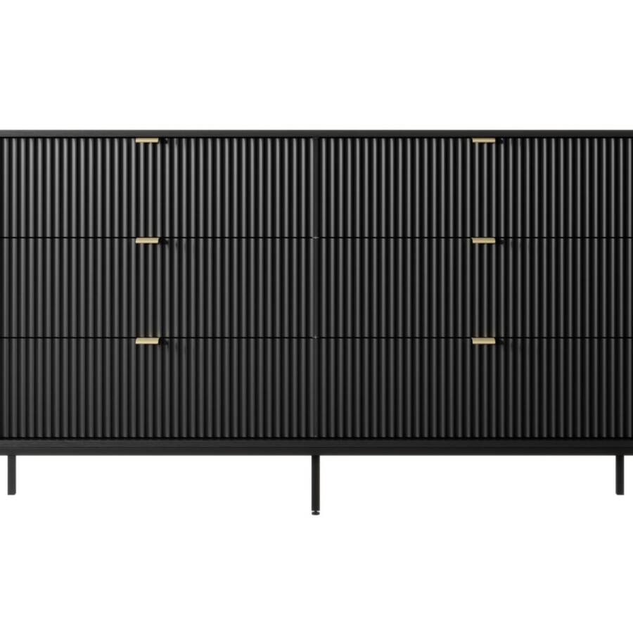 Elegancka czarna komoda z czarnym stelażem i szufladami 154x39x91 cm nowoczesna