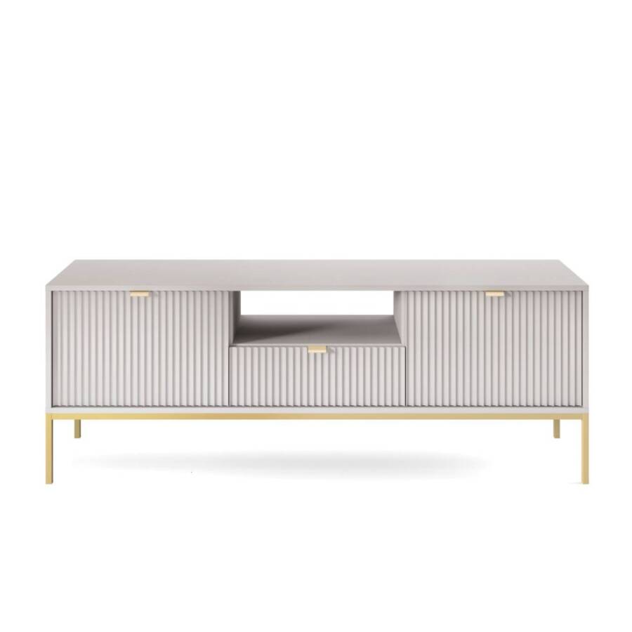 Nowoczesna szara szafka RTV ze złotym stelażem 154x39x56 cm do salonu z szufladą