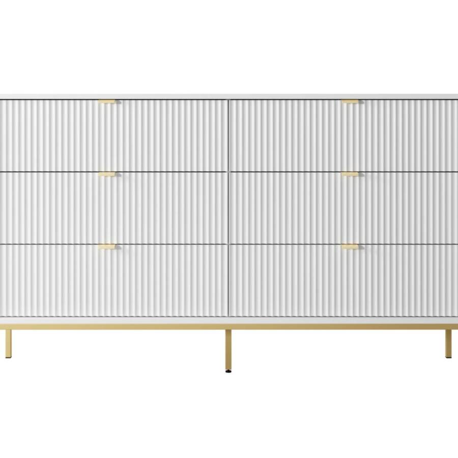 Elegancka biała komoda ze złotym stelażem i szufladami 154x39x91 cm nowoczesna