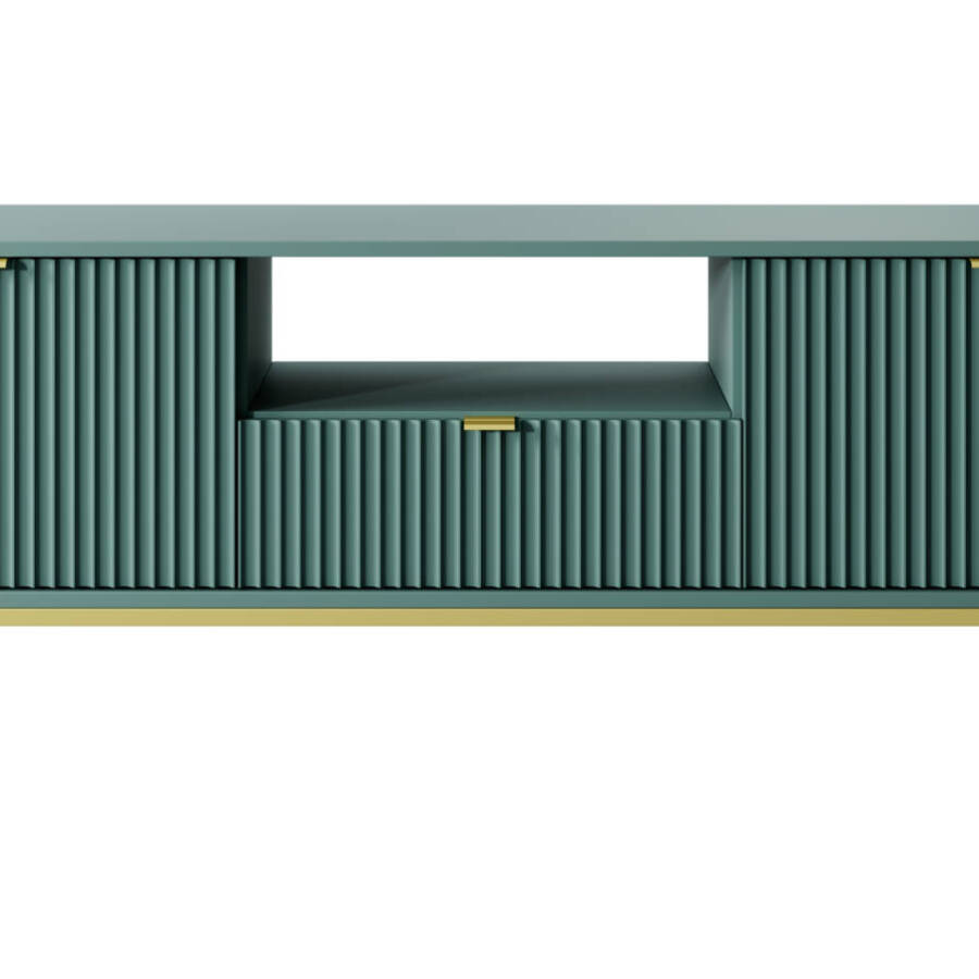 Nowoczesna szafka RTV butelkowa zieleń ze złotym stelażem 154x39x56 cm z szufladą