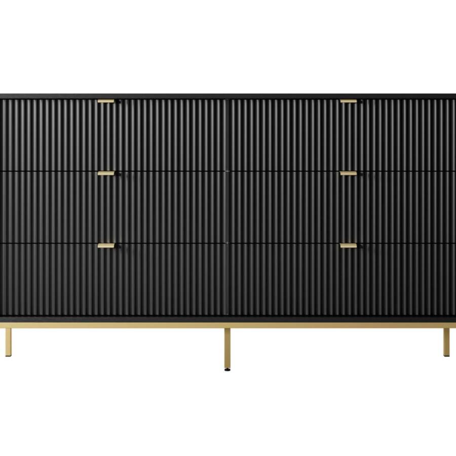 Elegancka czarna komoda ze złotym stelażem i szufladami 154x39x91 cm nowoczesna