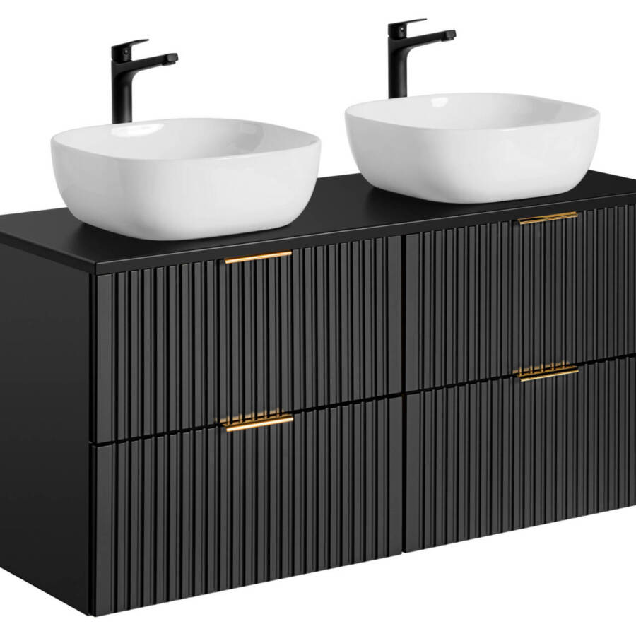 Szafka łazienkowa 120 cm czarny mat z blatem i dwiema umywalkami nablatowymi