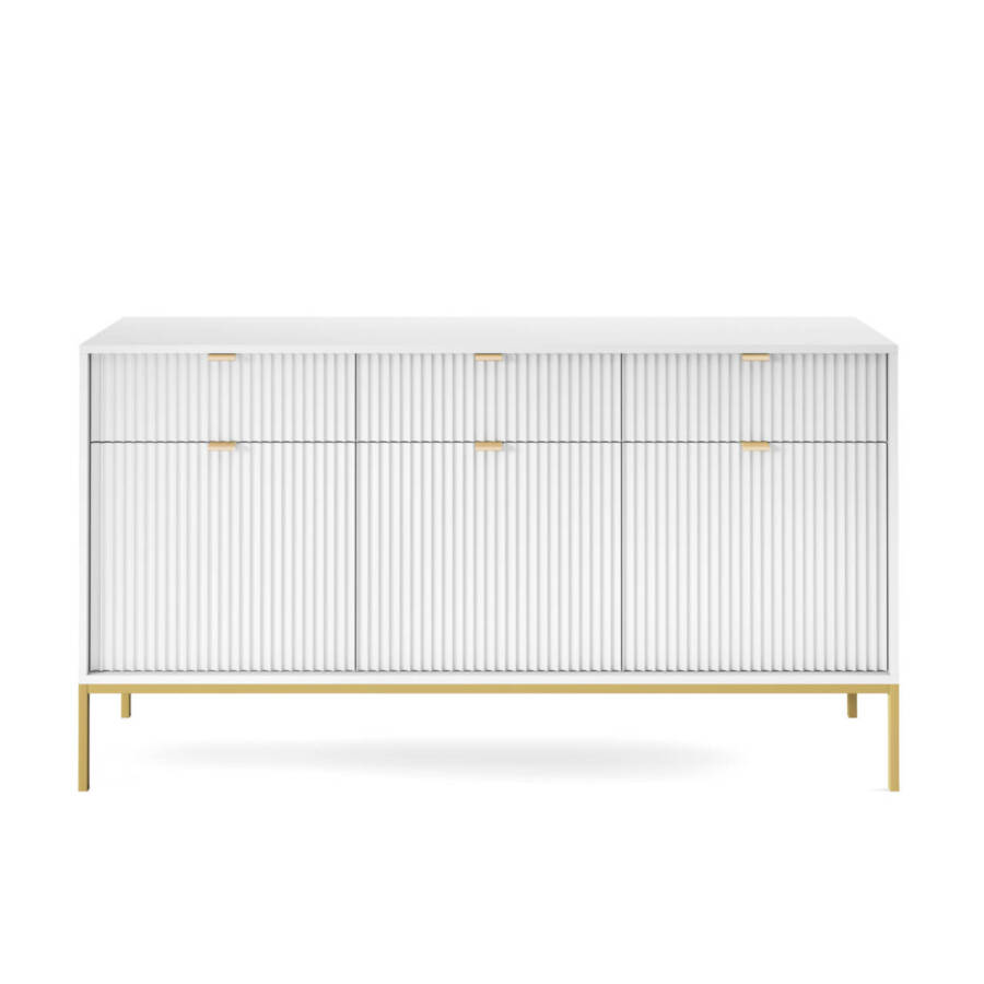 Duża biała komoda ze złotym stelażem 154x39x83 cm nowoczesna elegancka