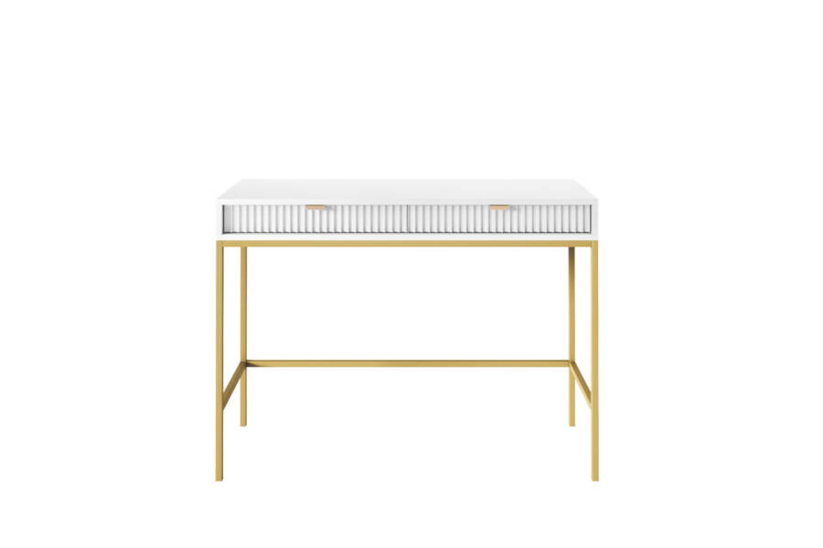 Nowoczesna biała toaletka ze złotym stelażem 104x50x77 cm elegancka 1