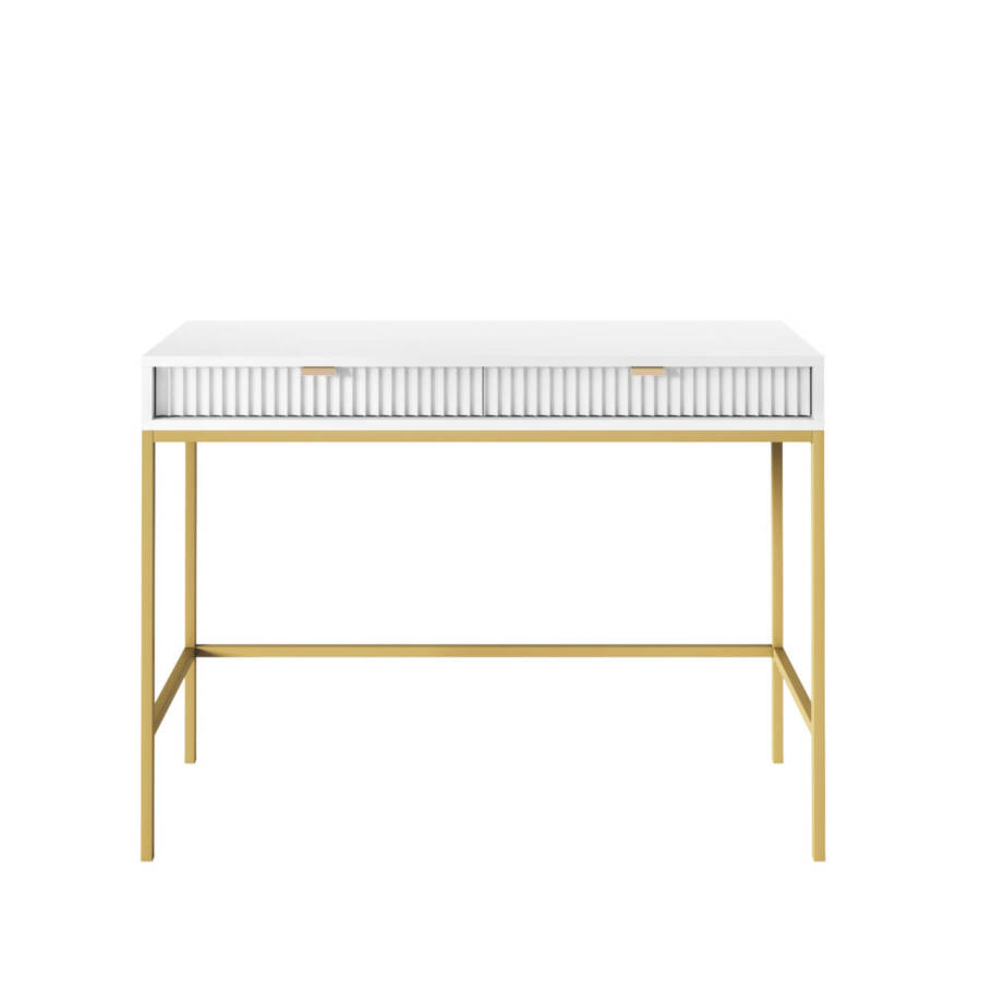Nowoczesna biała toaletka ze złotym stelażem 104x50x77 cm elegancka