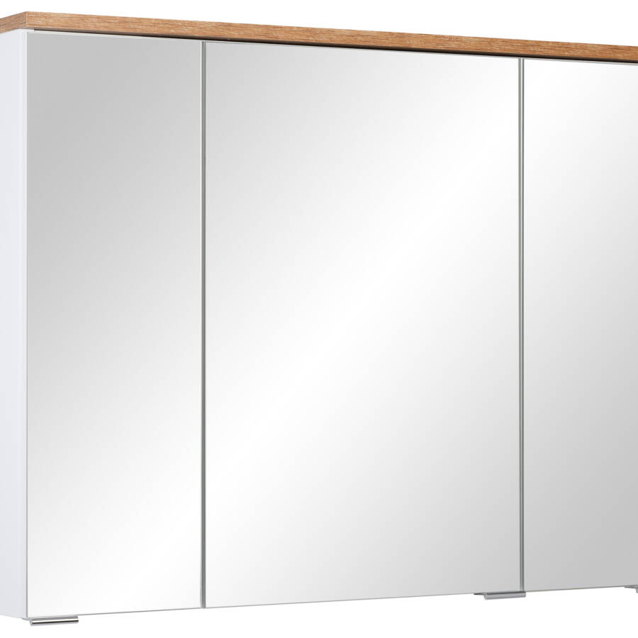 Szafka lustrzana 80 cm z półkami i dekorem w kolorze drewna