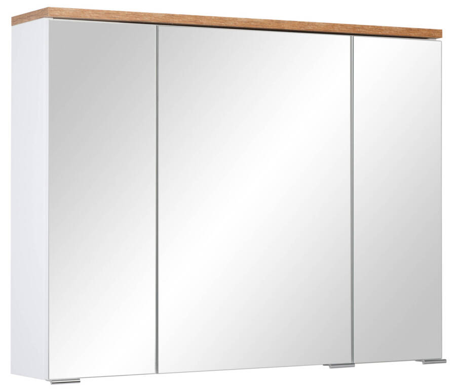 Szafka lustrzana 80 cm z półkami i dekorem w kolorze drewna 1