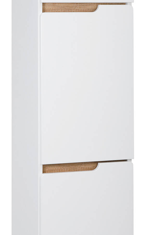 Słupek łazienkowy 35 cm biały połysk z drewnianymi nogami i cichym domykaniem