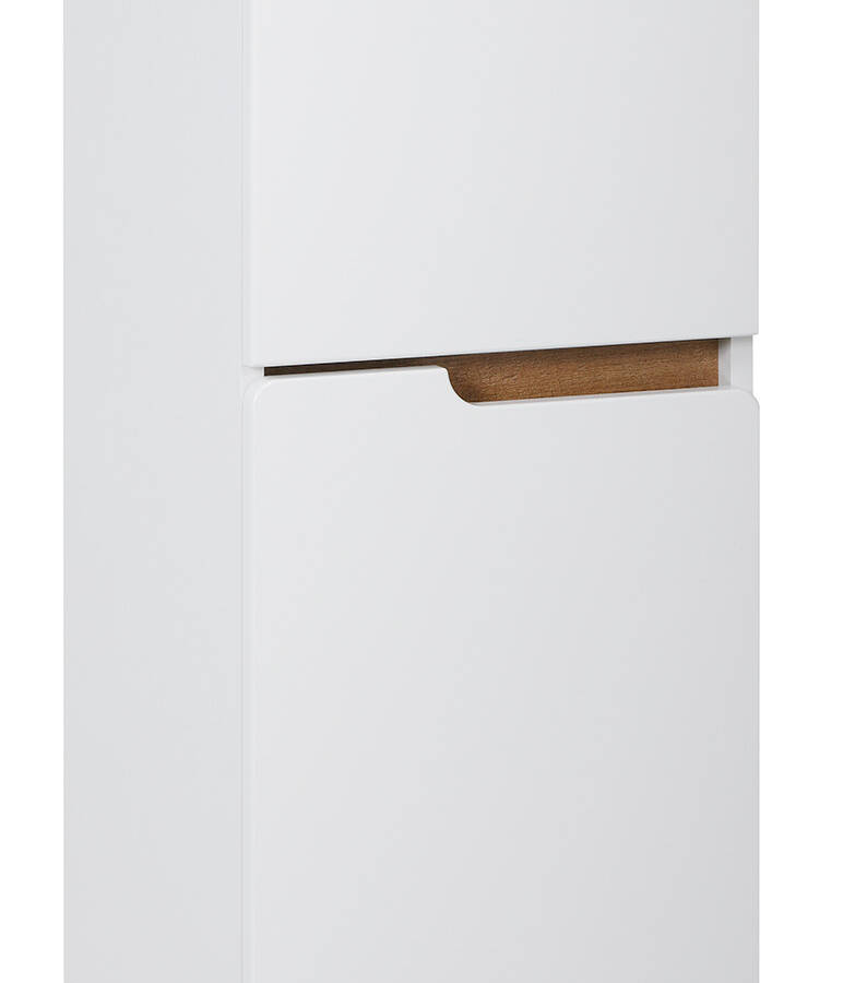 Półsłupek łazienkowy 35 cm biały połysk z drewnianymi nogami i cichym domykaniem