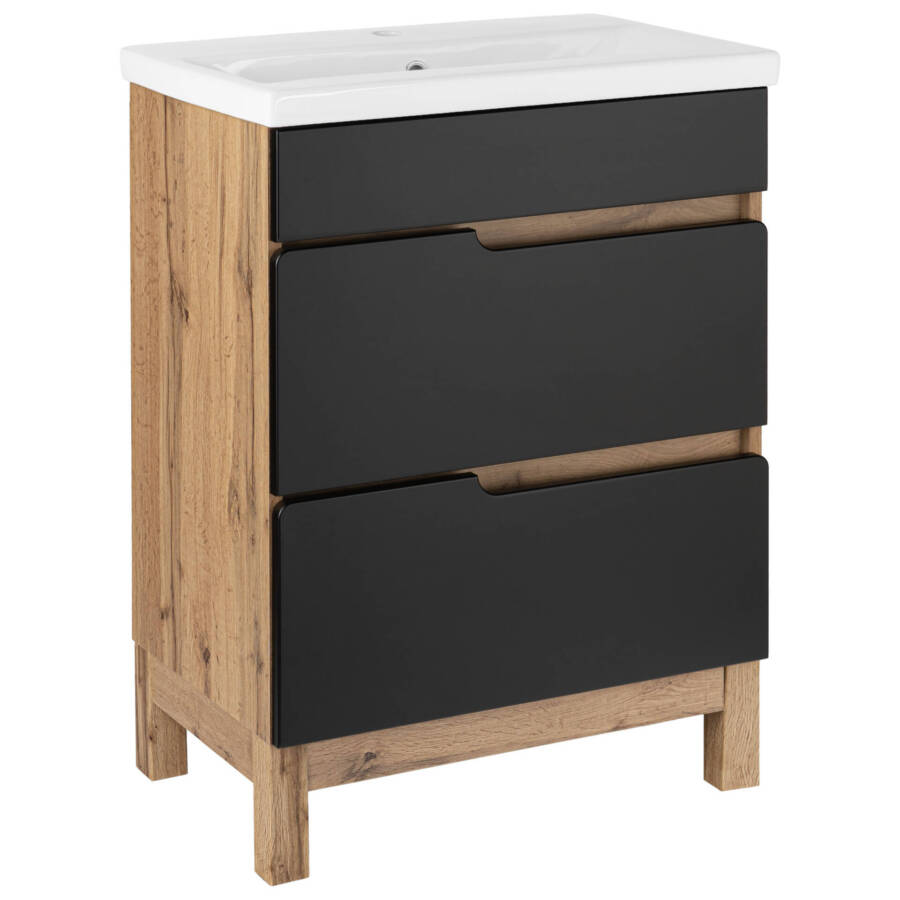 Szafka łazienkowa 60 cm z umywalką ceramiczną czarny mat dąb nowoczesna