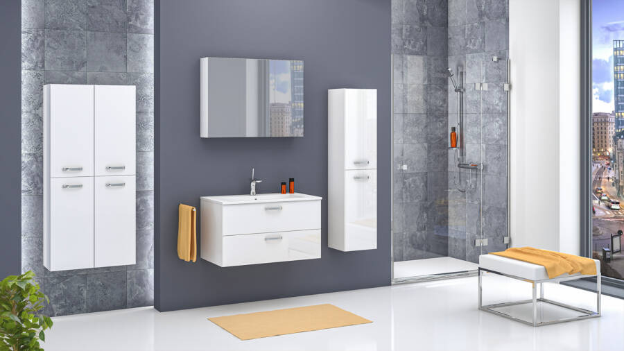 zestaw łazienkowy 80 cm biały połysk aranżacja
